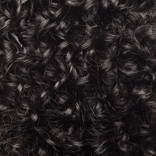 A close-up texture shot of dark, curly hair,  representing a wig or hair extensions
